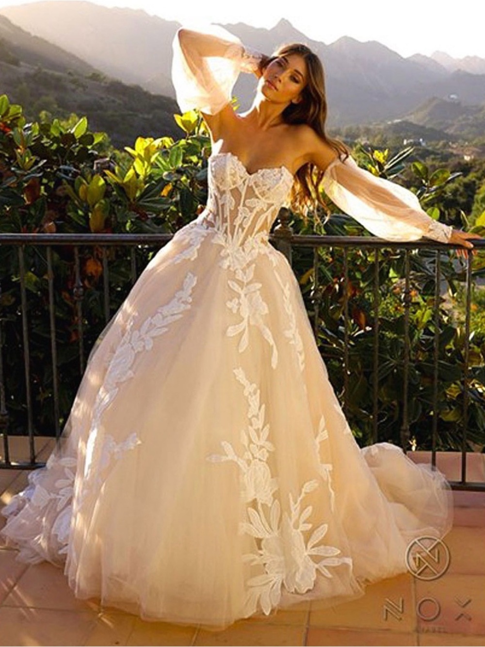 Nox Annabel Elegant Off-Shoulder Blush Lace A-Line Wedding Dress